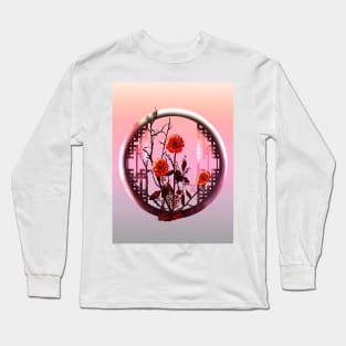 Pretty orange red ikebana watercolor chrysanthemums Long Sleeve T-Shirt